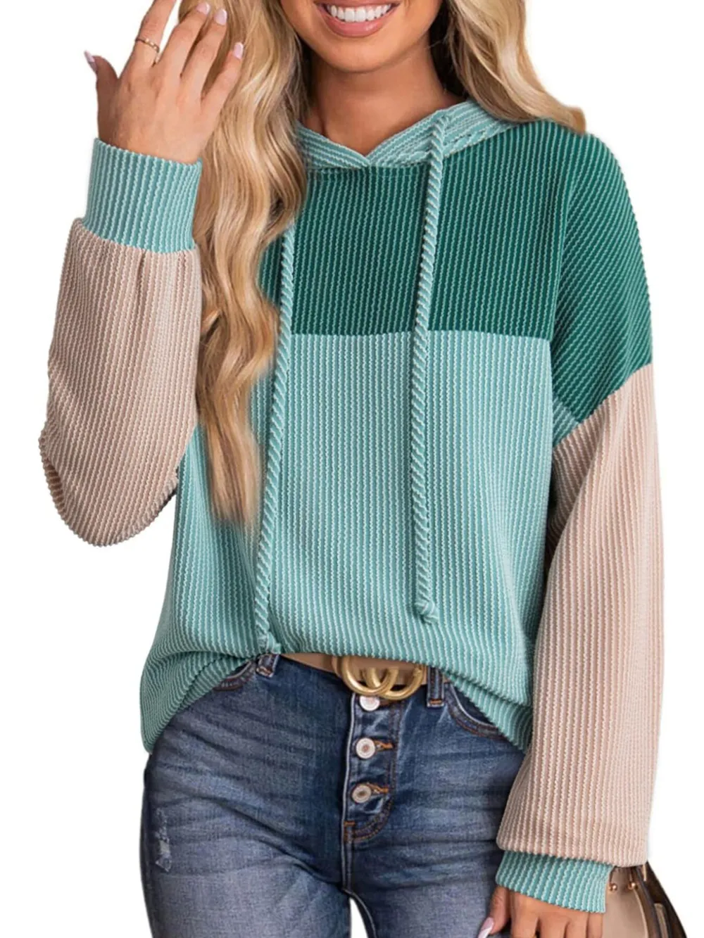 Drawstring Color Block Long Sleeve Hoodie, image 6