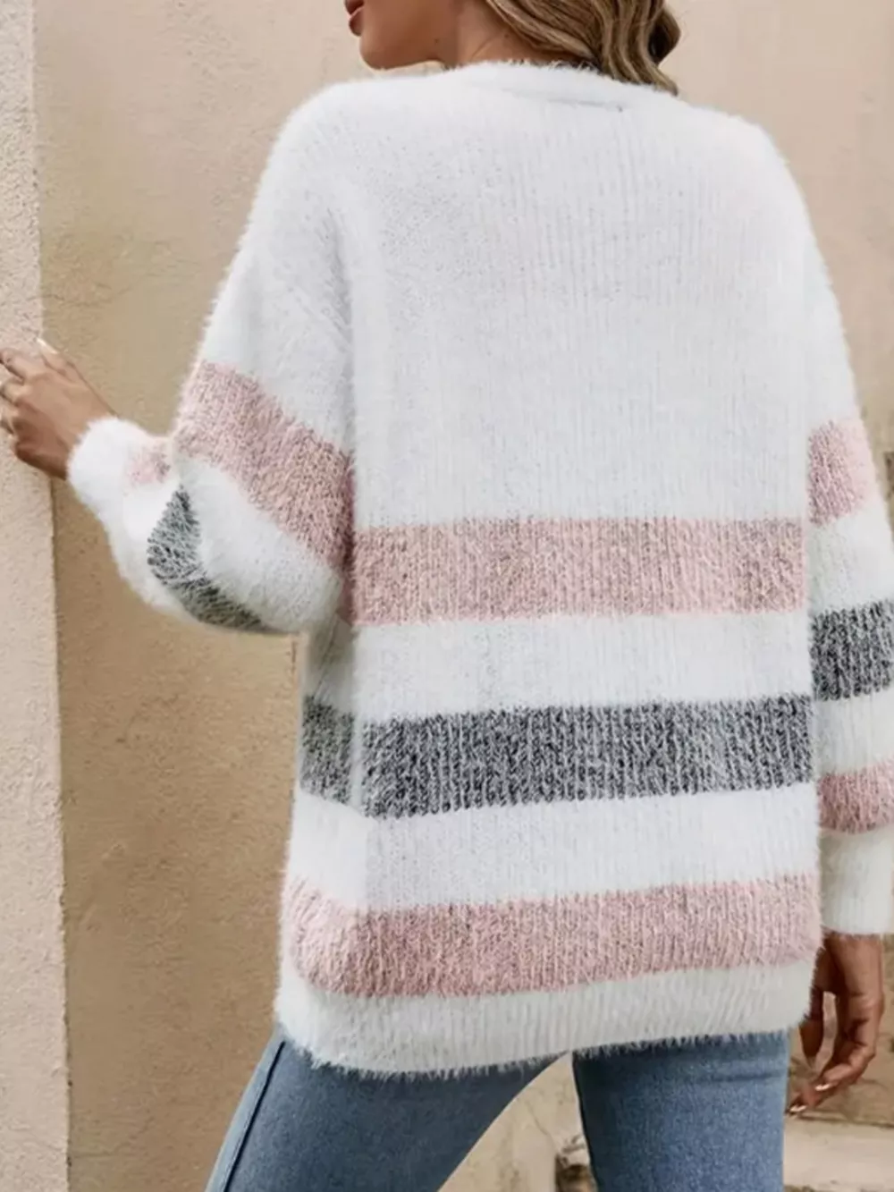 Striped Fuzzy Knit Button-Up Cardigan, image 6