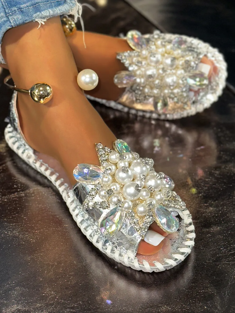 Pearl Crystal Embellished Flat Sandals, image 9