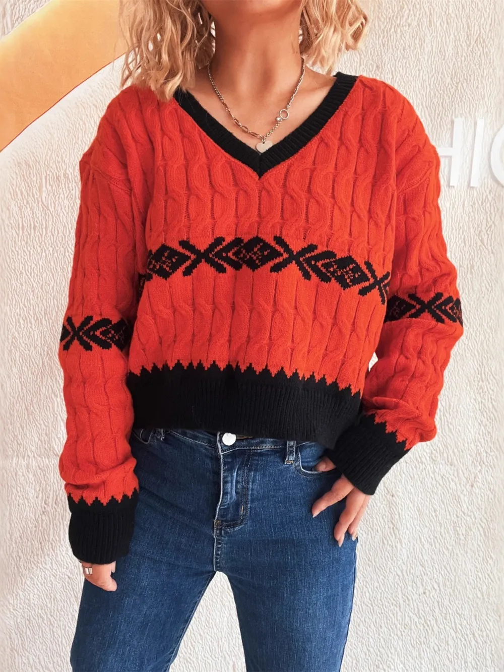 Cable Knit V-Neck Sweater, image 4