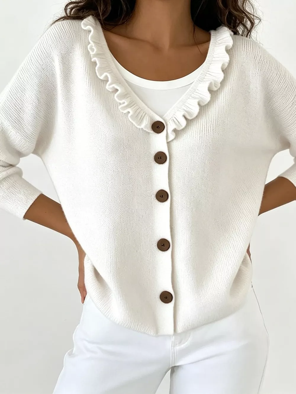 Ruffled Neckline Button-Up Cardigan