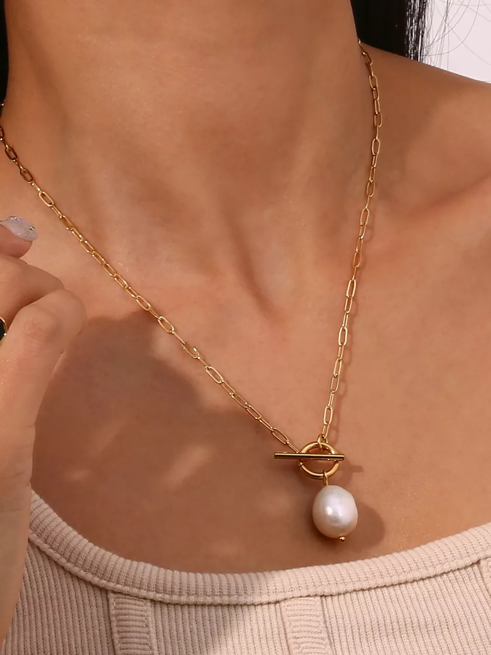 18K Gold-Plated Baroque Pearl Pendant Necklace, image 4