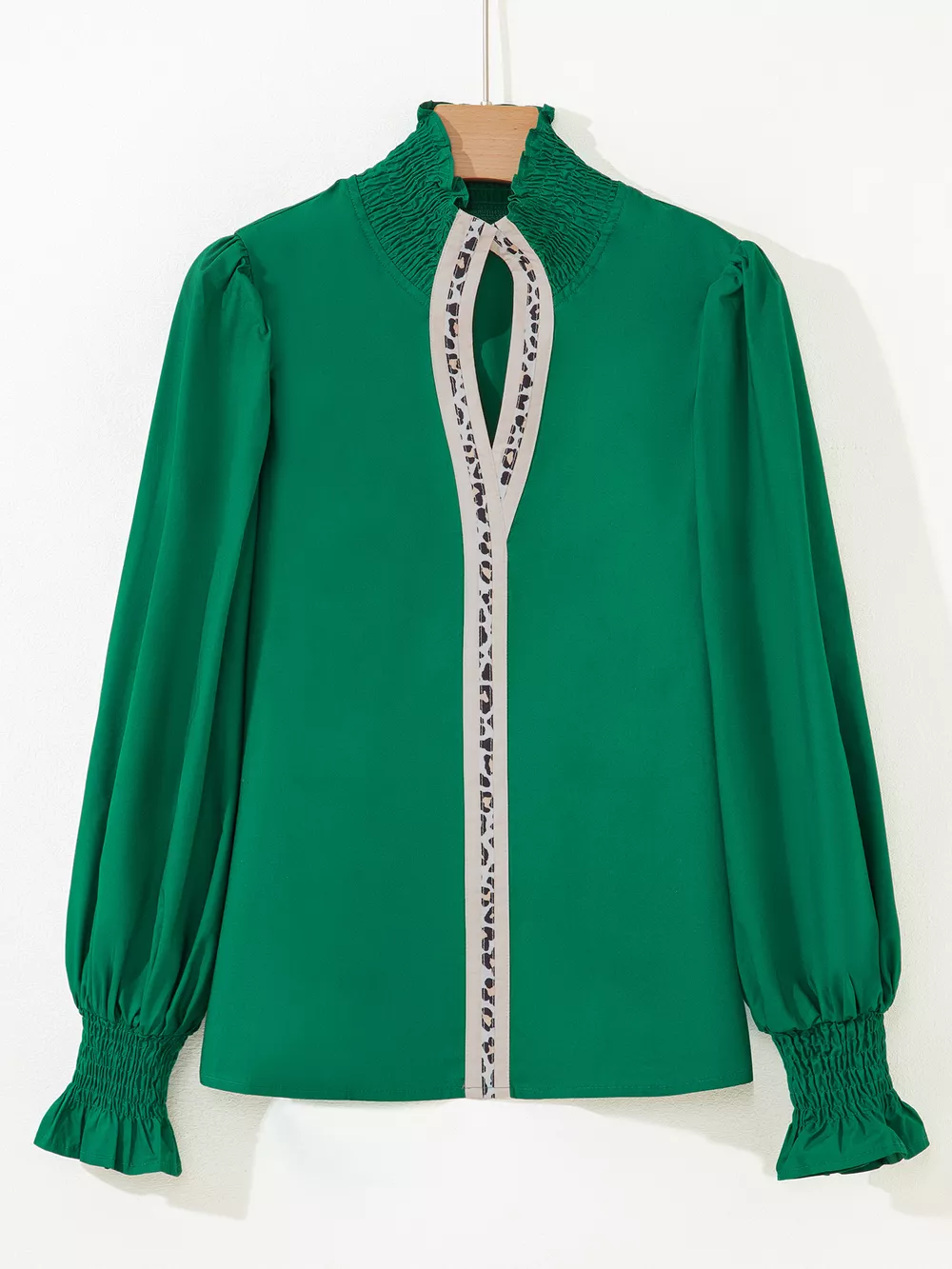 Puffy Flounce Sleeve Leopard Trim V Neck Blouse, image 6