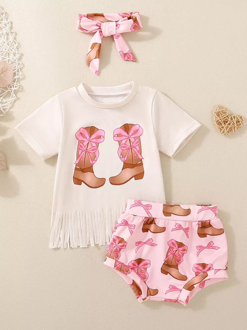 Children's Cow Floral Graphic Fringe Tee and Shorts Set with Headband, image 3