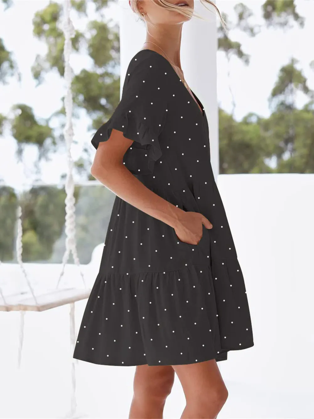 Polka Dot V-Neck Short Sleeve Mini Dress, image 2