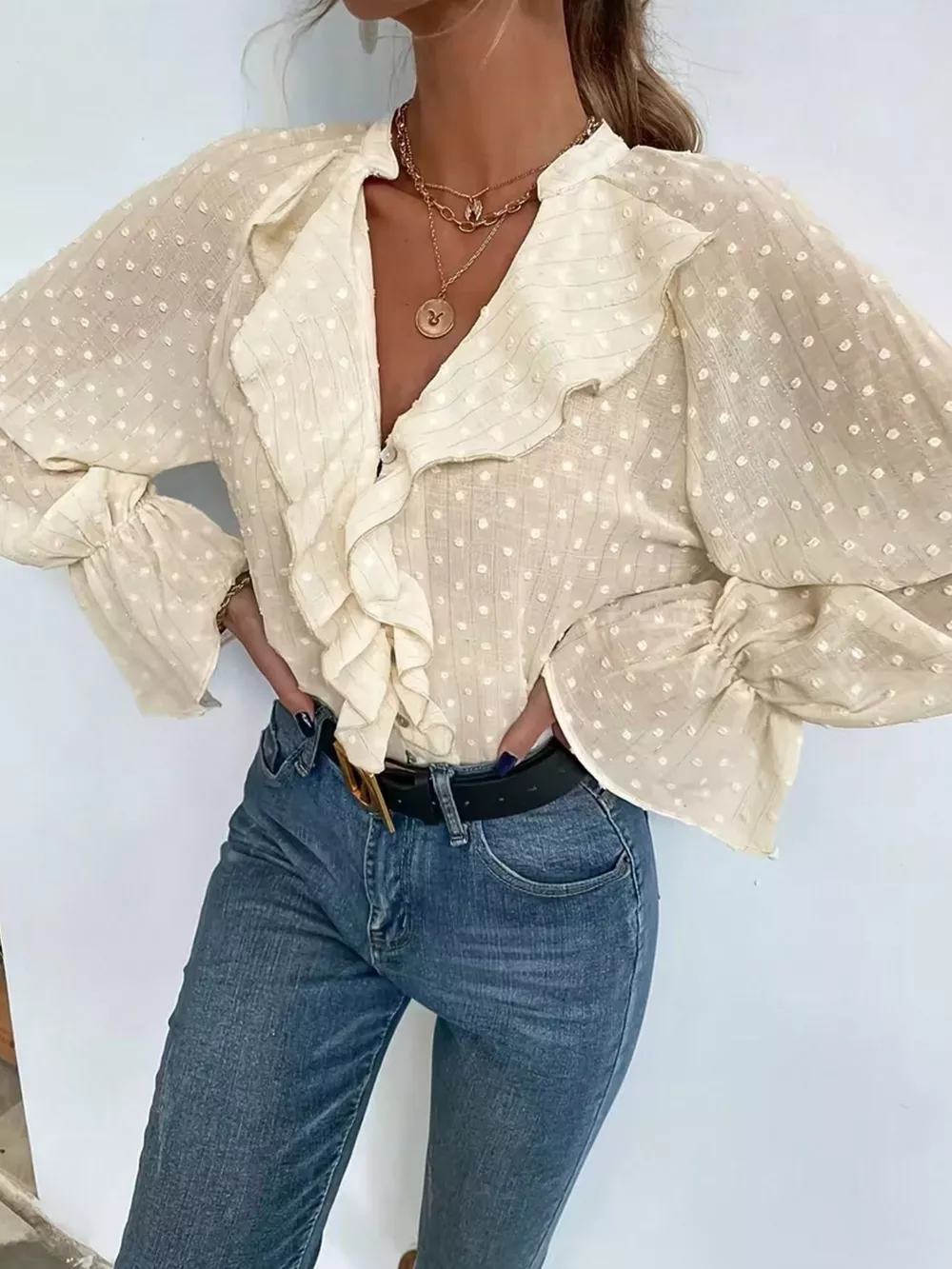 Elegant Ruffled Swiss Dot Blouse, image 3
