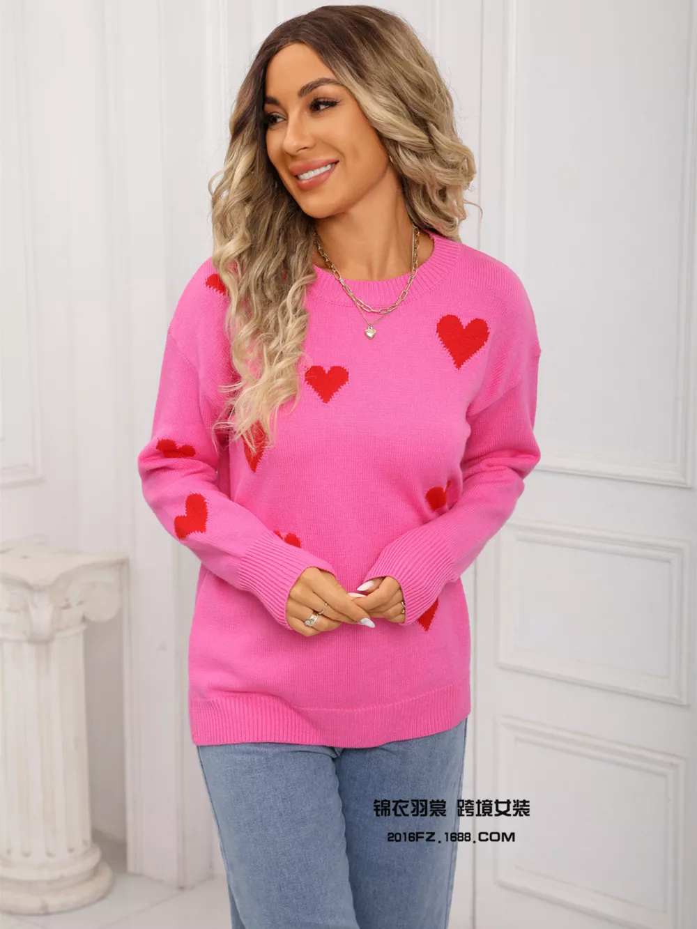Valentine's Day Heart Print Round Neck Sweater, image 10