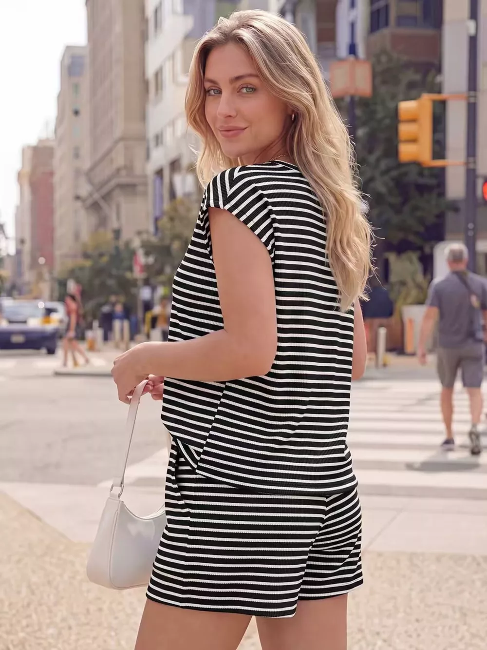 Striped Round Neck Tee and Shorts Set, image 3