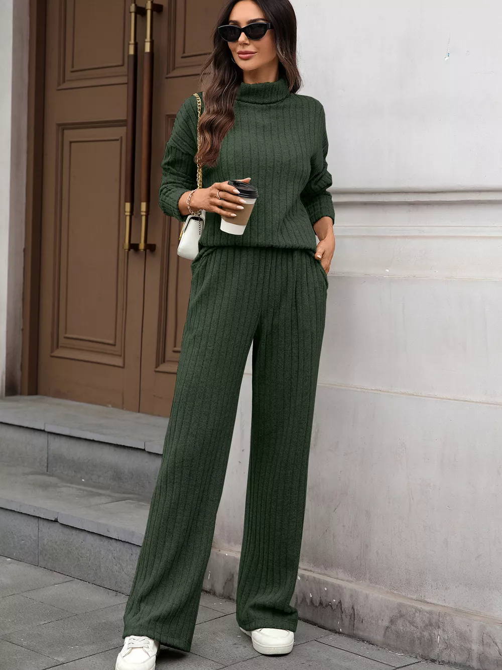 Ribbed Turtleneck Dropped Shoulder Top and Pants Sweater Set, image 11