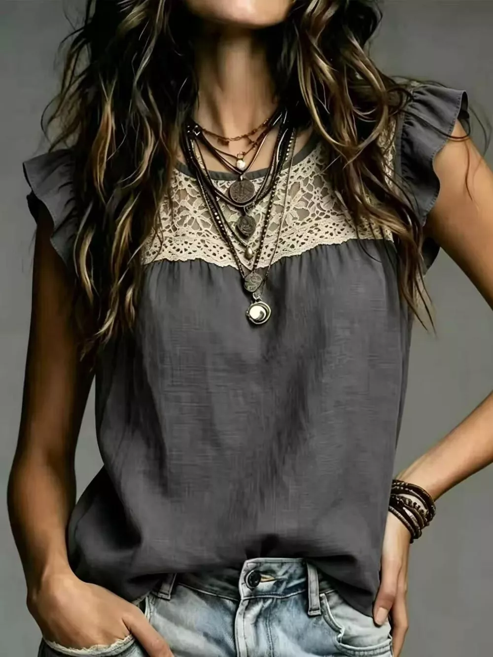 Full Size Lace Trim Ruffle Sleeve Blouse Plus Size, image 7