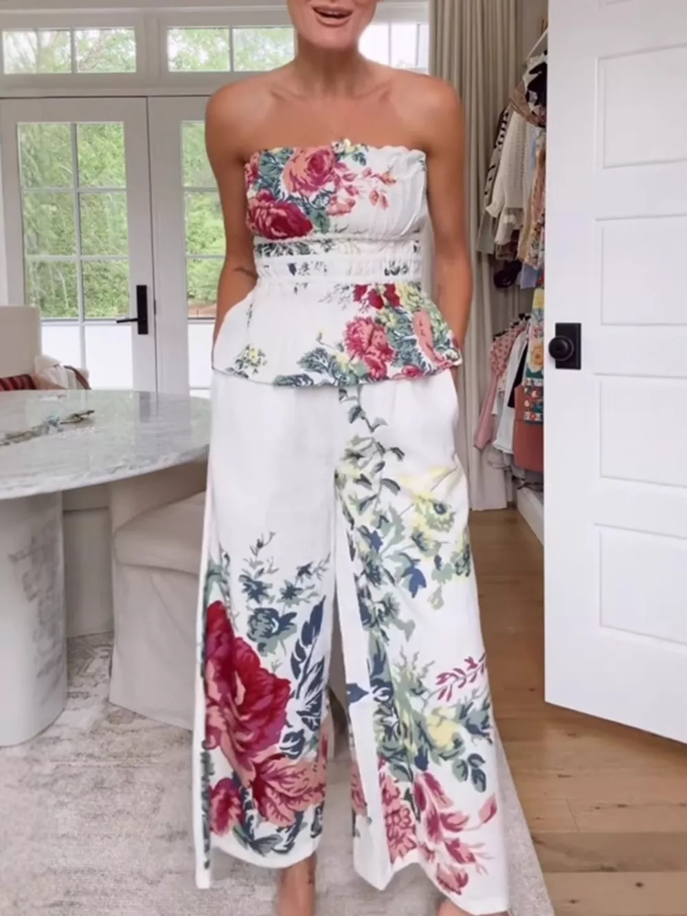 Floral Print Strapless Top and Wide-Leg Pants Set, image 4