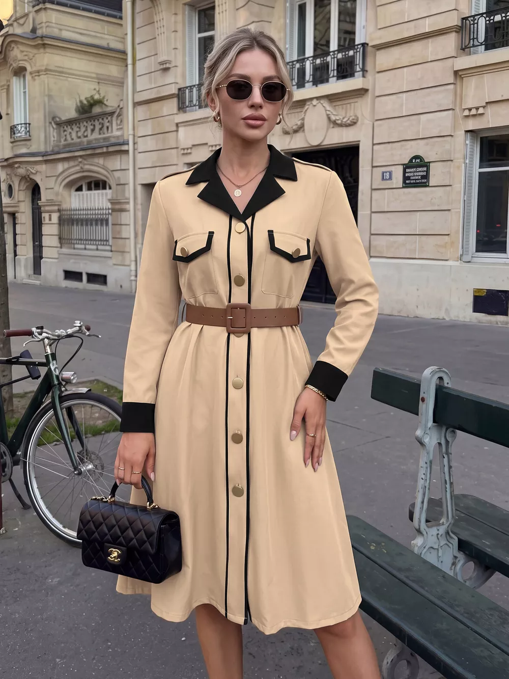 Contrast Lapel Button Front Midi Shirt Dress, image 3