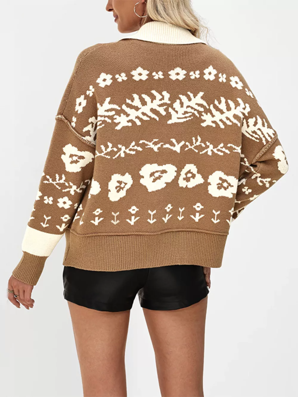 Floral Pattern Knit Cardigan with Contrast Collar, image 7