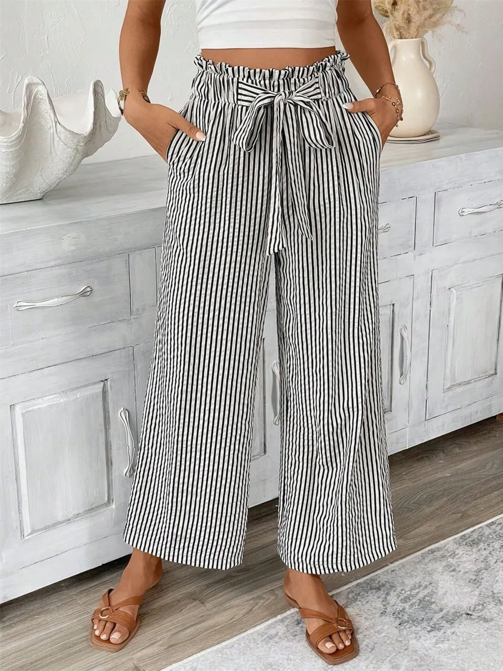 Full Size Striped Wide Leg Paper Bag Pants Plus Size, image 8