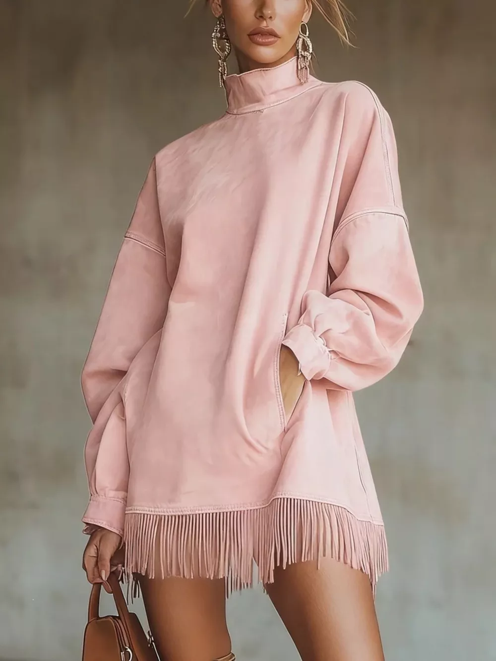 Suede Mock Neck Fringed Mini Dress, image 5