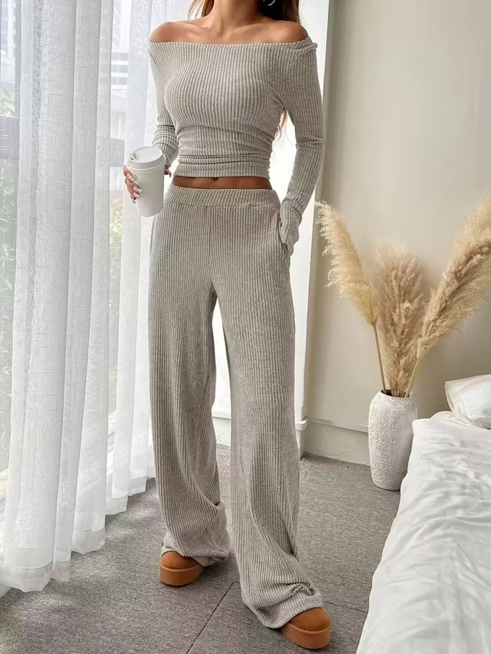 Ribbed Knit Boat Neck Top and Pants Set, image 2