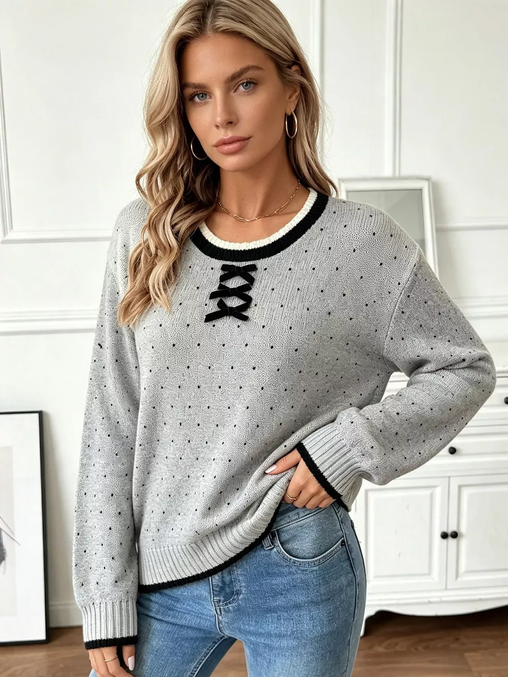 Polka Dot Lace-Up Detail Sweater, image 10