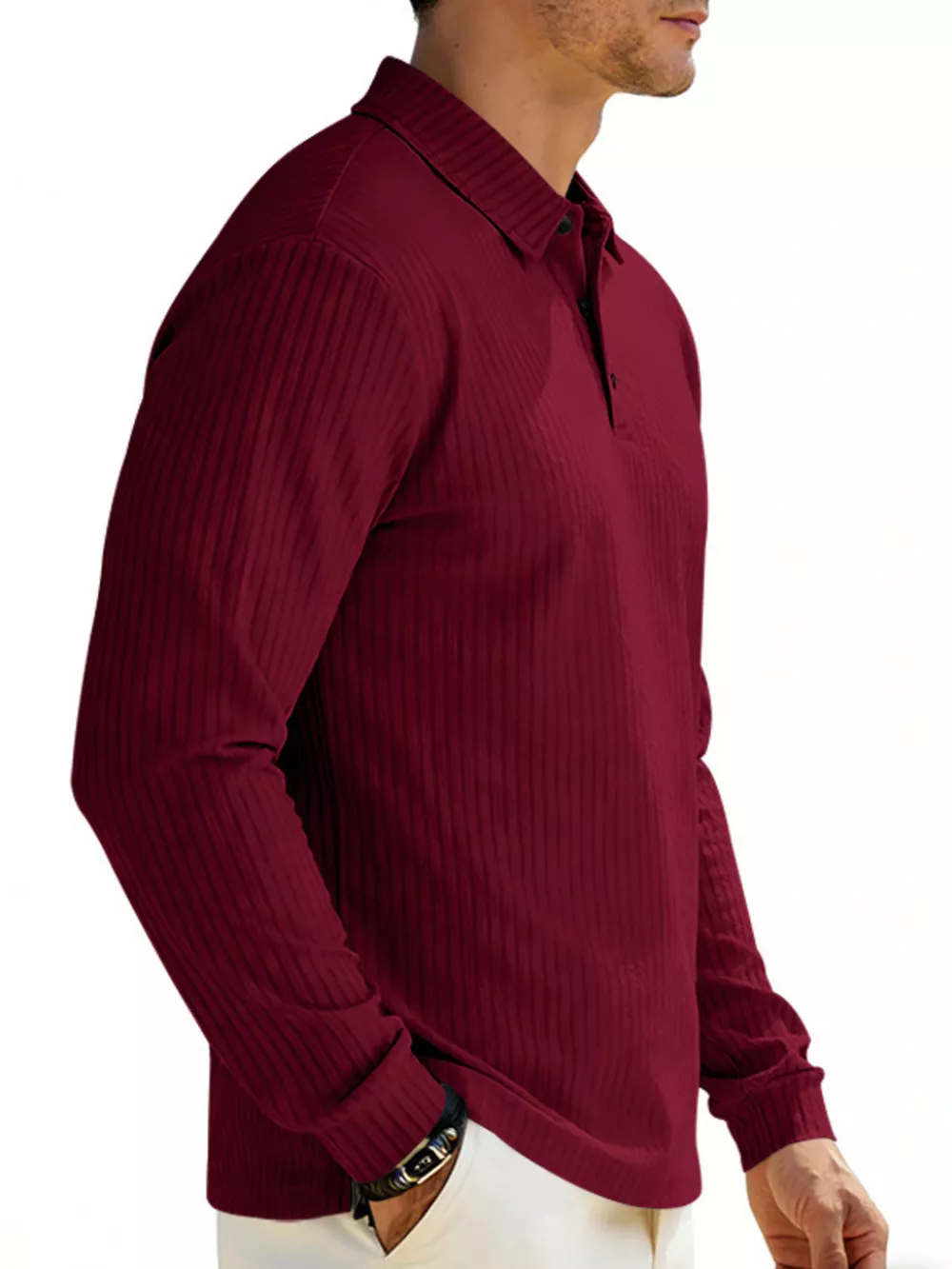 Men's Full Size Ribbed Long Sleeve Polo with Button Detail Plus Size, image 13