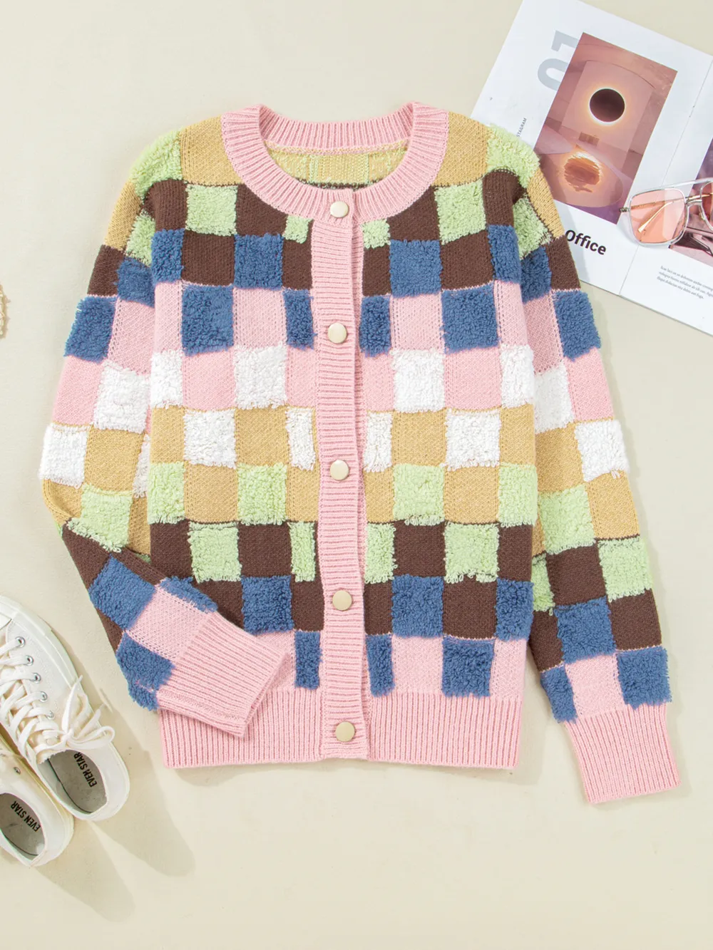 Checkered Pattern Button Front Cardigan, image 6