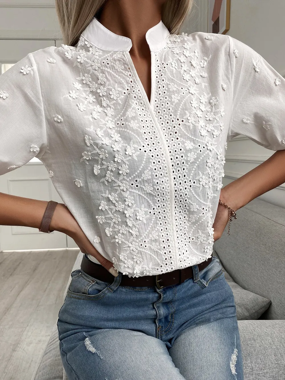 Embroidered Eyelet Notched Half Sleeve Blouse, image 4