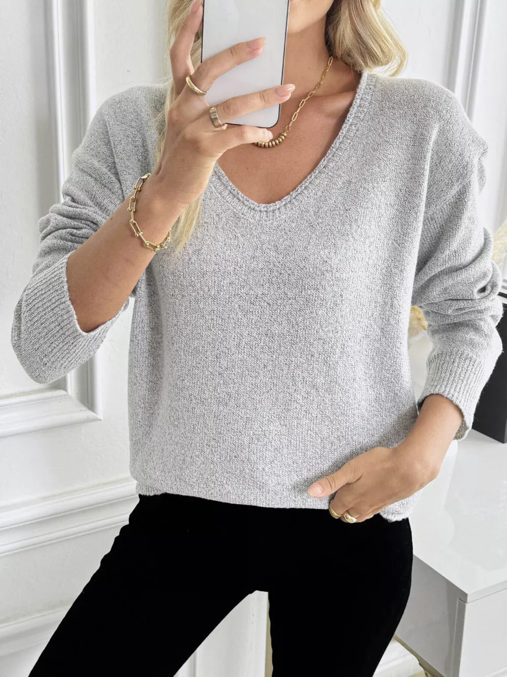 Casual V-Neck Drop Shoulder Sweater, image 2
