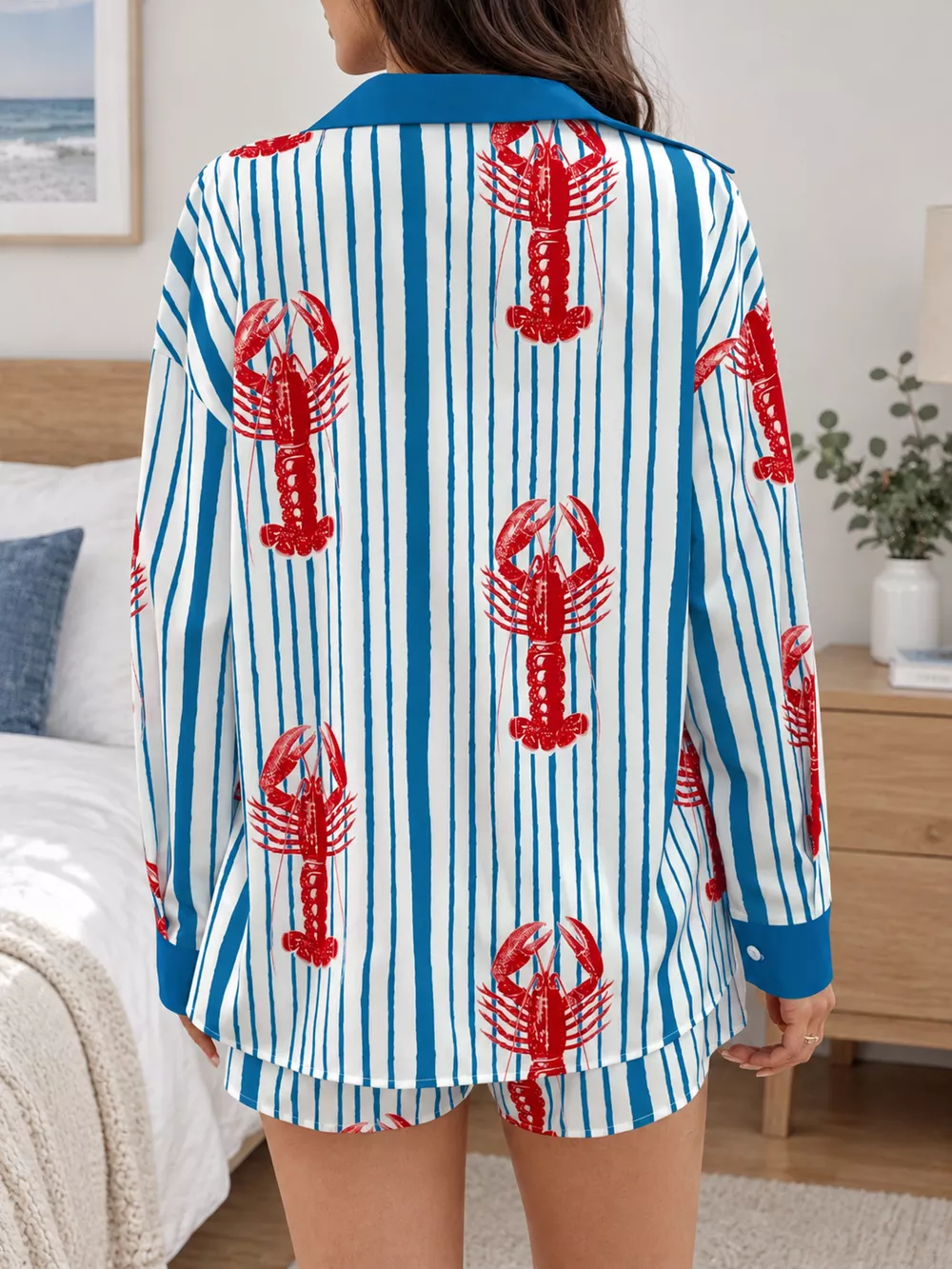 Lobster Print Striped Button-Down Shirt and Shorts Set, image 4