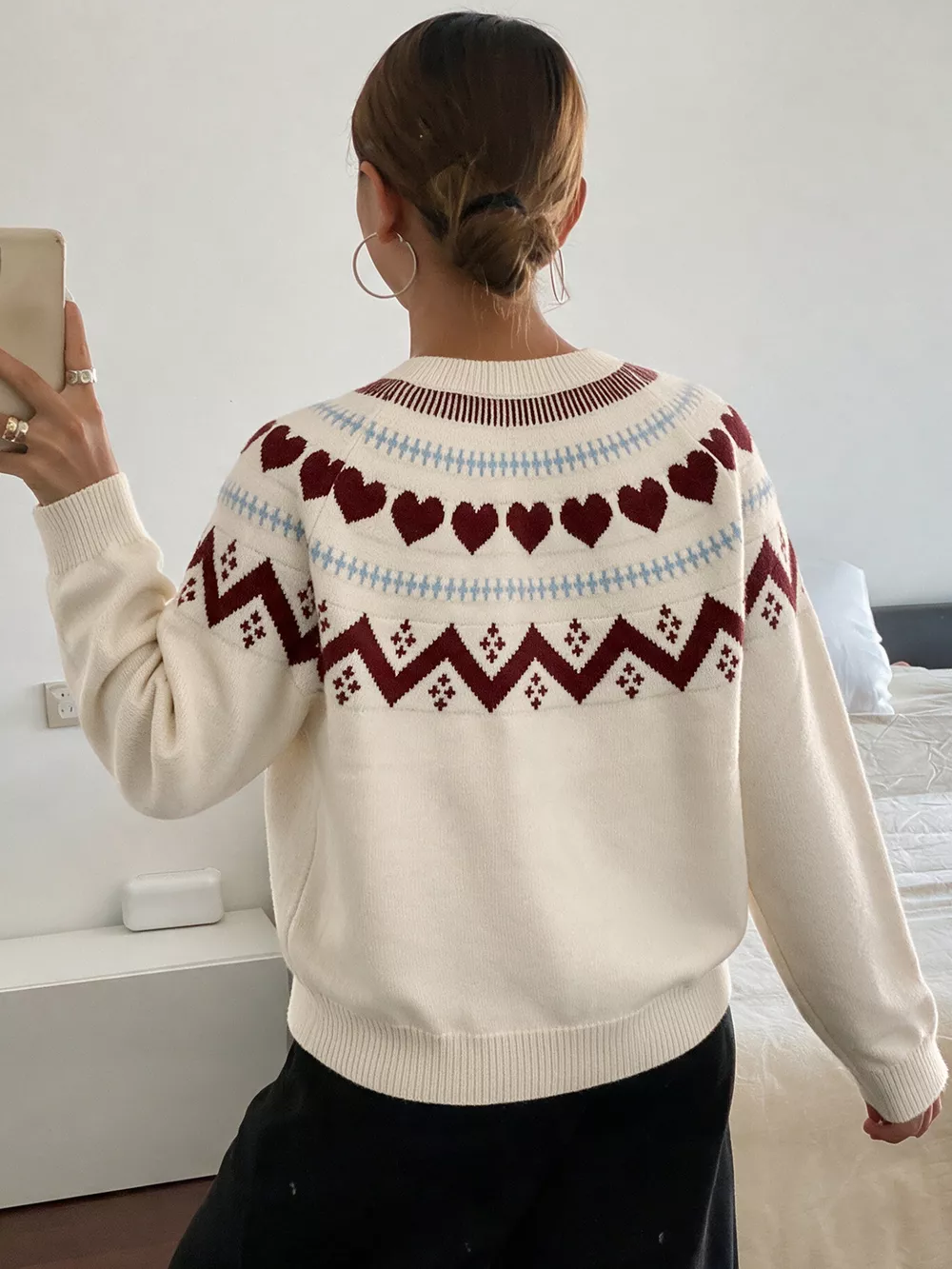 Heart-Patterned Crew Neck Sweater, image 7