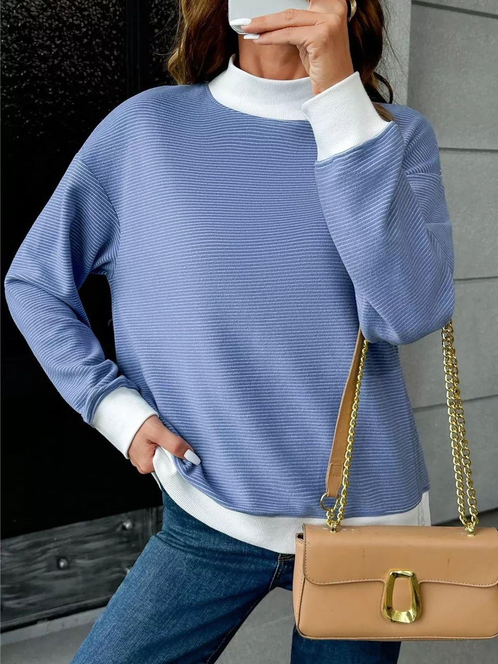 Casual Mock Neck Striped Long Sleeve T-Shirt, image 6