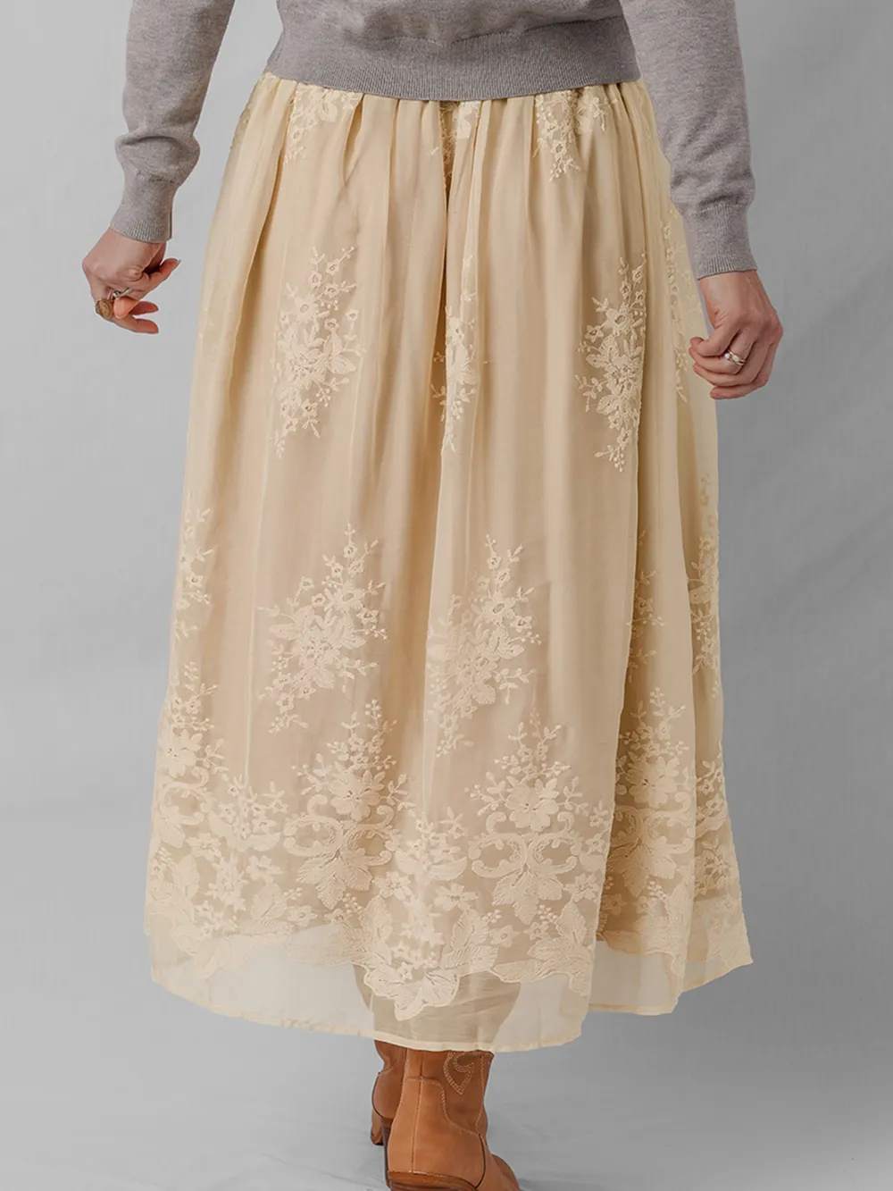 Embroidered Mesh Overlay Flowy Midi Skirt, image 3