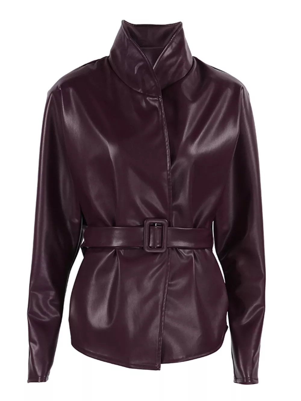 Stand Collar Belted Faux Leather Jacket, image 16