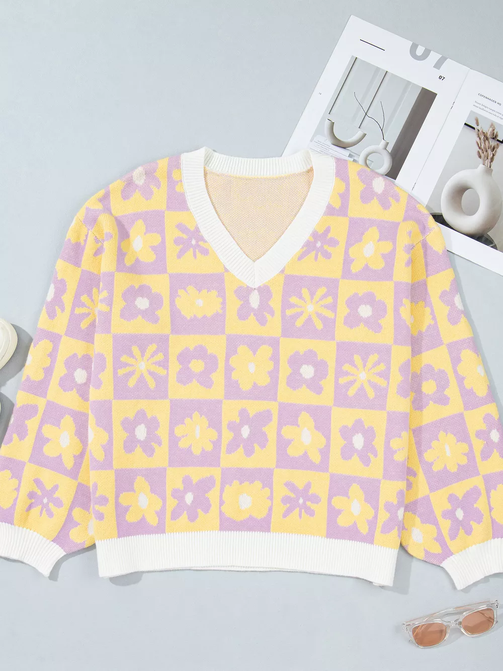 Plus Size Multicolour V Neck Plaid Floral Long Sleeve Sweater, image 3