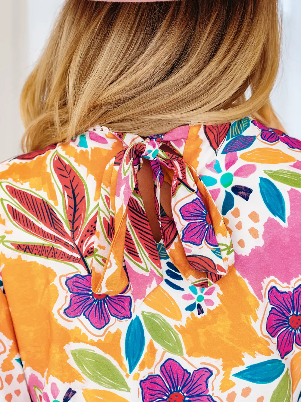 Floral Print Lace Trimmed Tie Back Bell Sleeve Swing Mini Dress, image 7