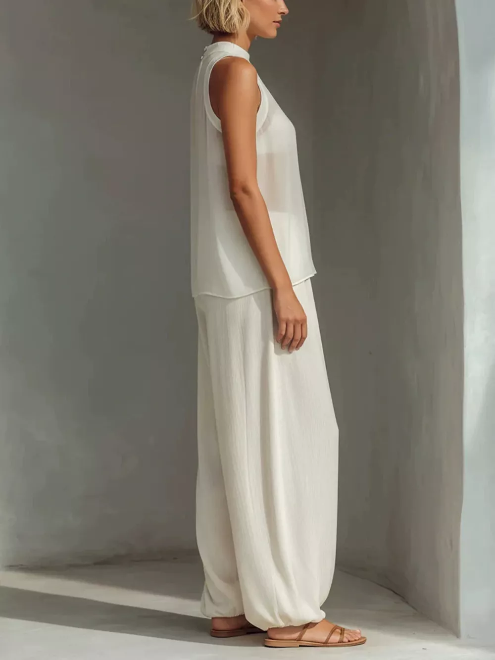 Full Size Sheer Sleeveless Top and Wide-Leg Pants Set Plus Size, image 2