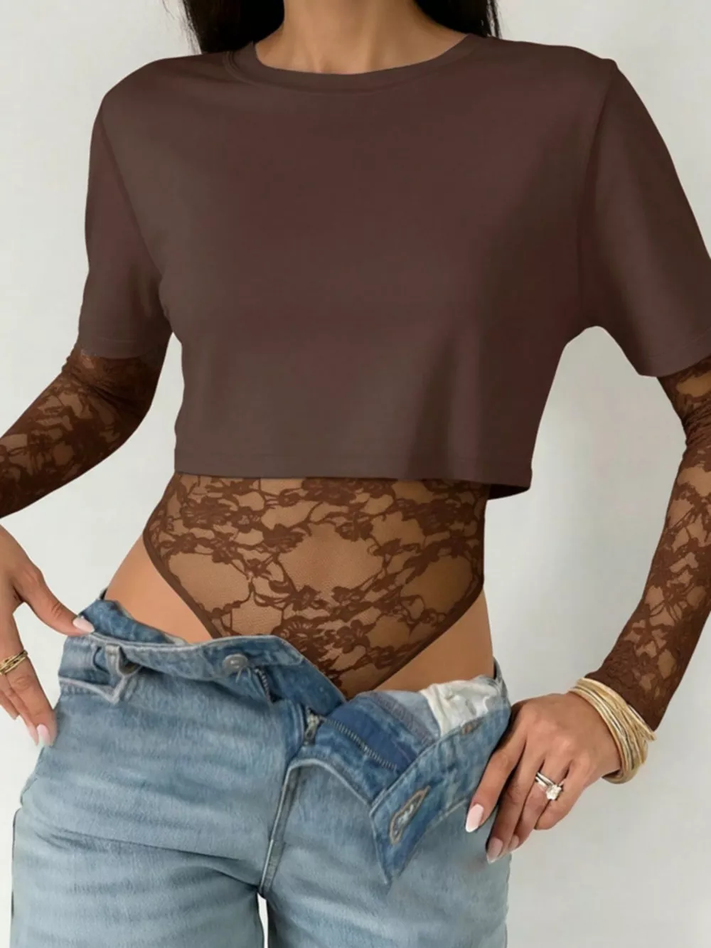 Lace Patchwork Round Neck Bodysuit, image 21