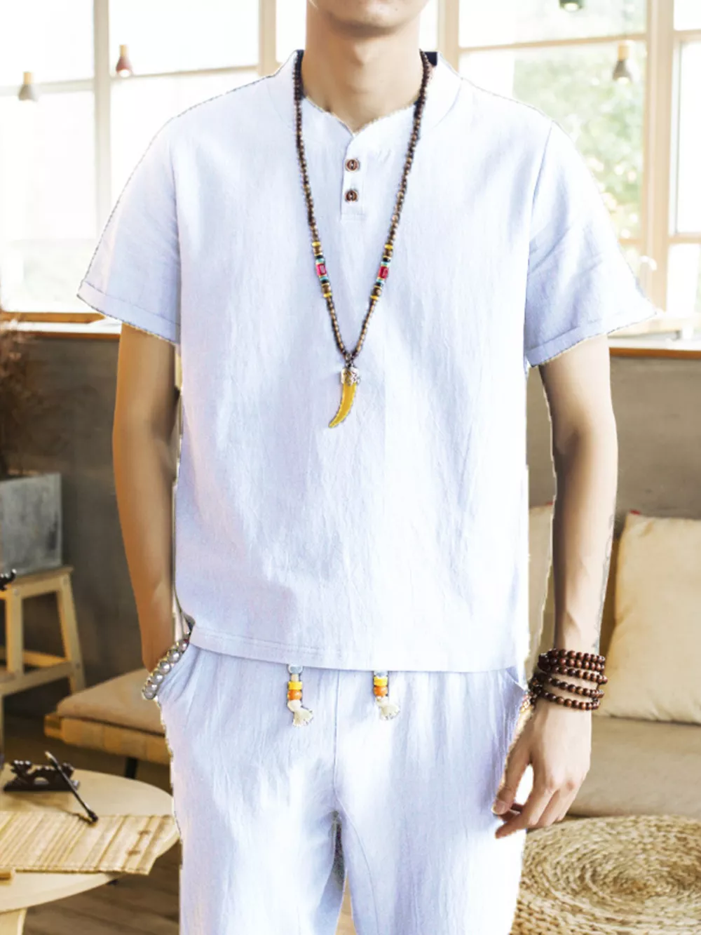 Men's Plus Size Button Detail Short Sleeve Top and Pants Set, image 2