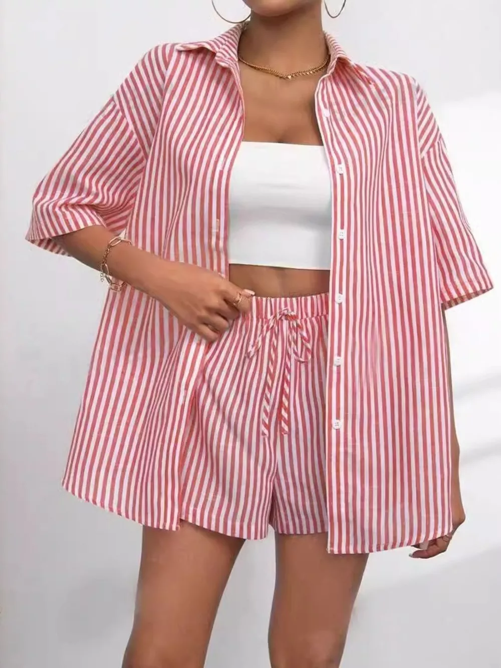 Striped Button Up Shirt and Shorts Casual Set, image 4