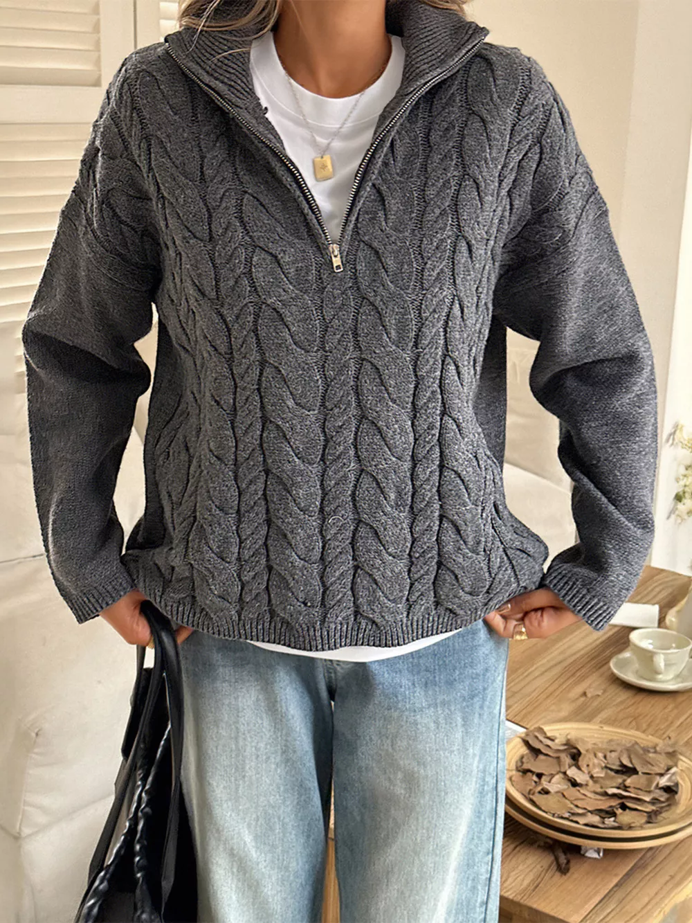 Zip Collar Cable-Knit Sweater, image 12