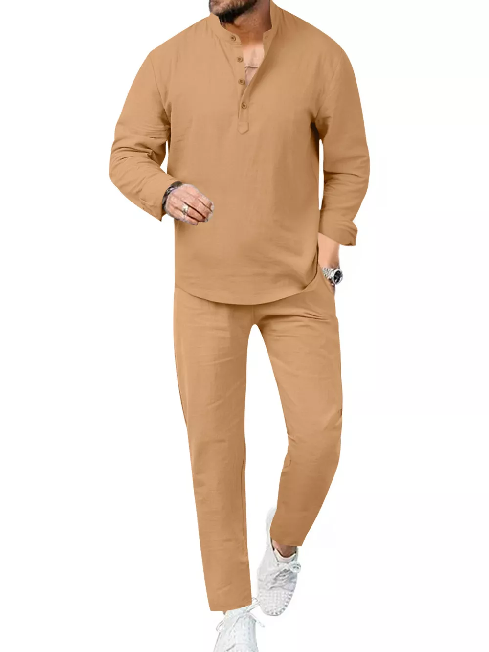 Men's Full Size Casual Long Sleeve Shirt and Pants Set Plus Size, image 3
