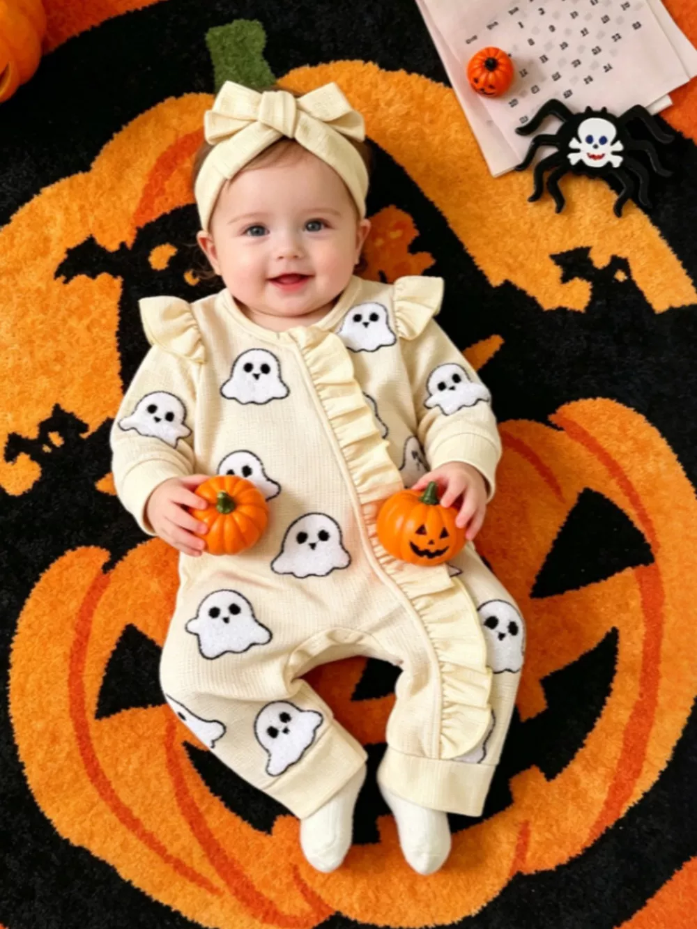 Children's Halloween Ruffled Long Sleeve One-Piece Jumpsuit with Headband, image 2