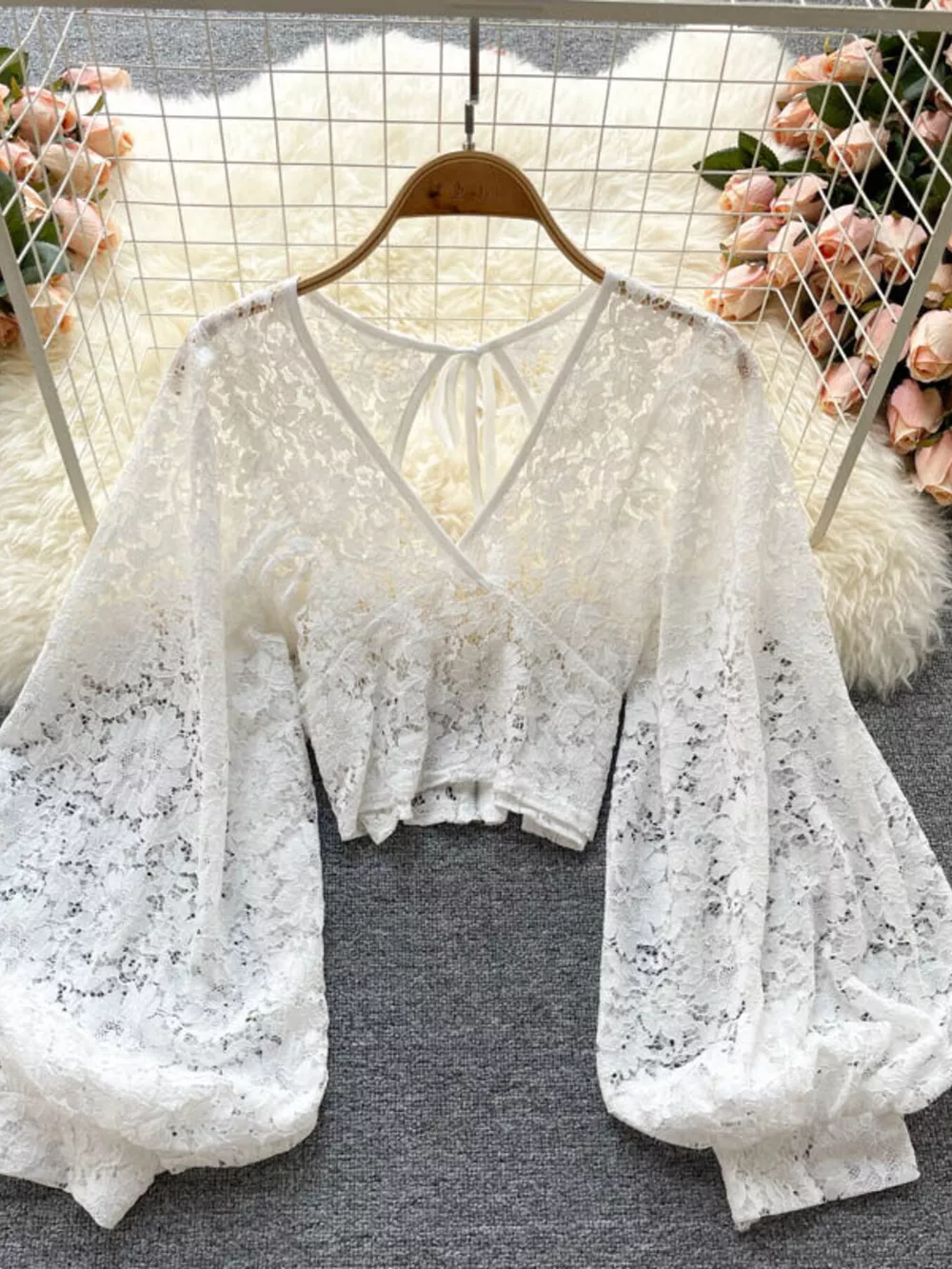 Lace Tie Back Long Sleeve Top, image 2