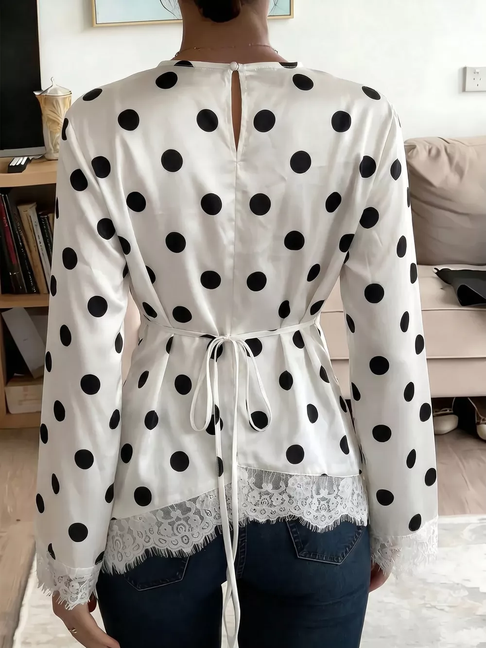 Polka Dot Satin Top with Lace Trim, image 5