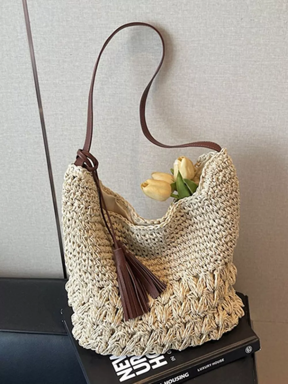 Woven Straw Shoulder Bag with Tassels, image 2
