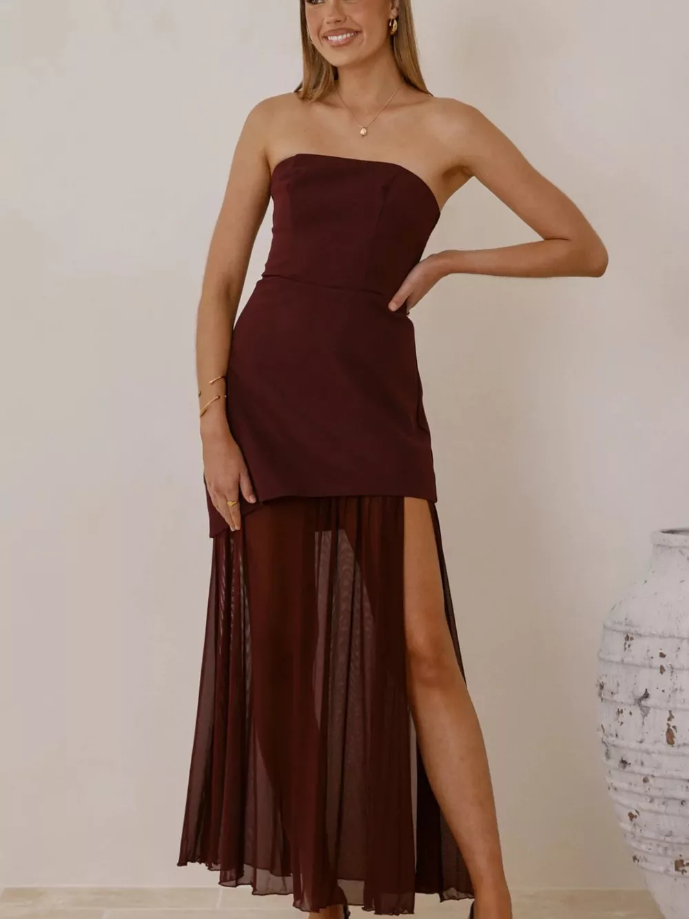 High Slit Mesh Tube Maxi Dress, image 3