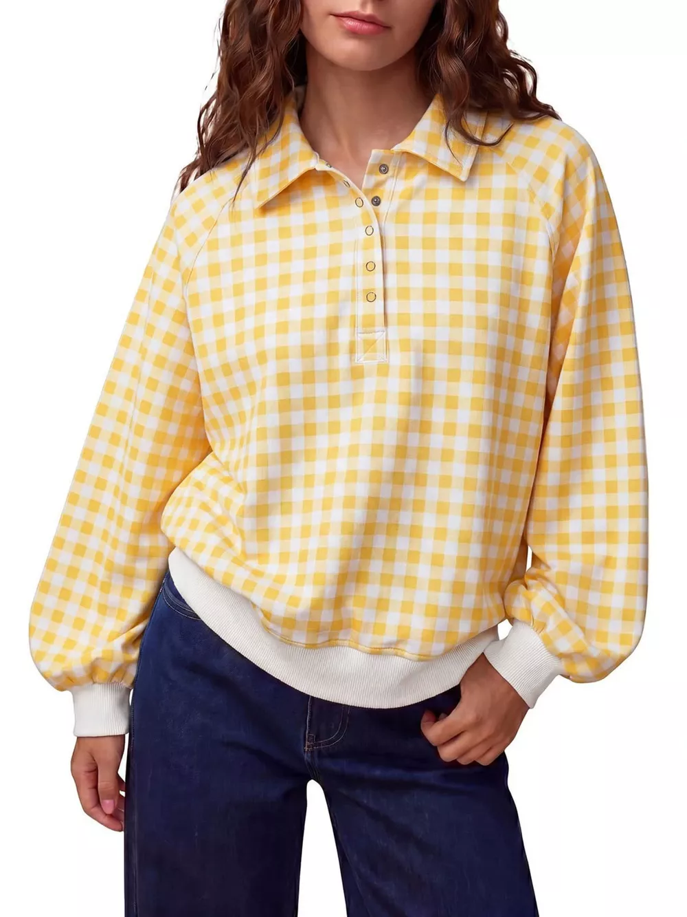 Gingham Plaid Collared Sweatshirt with Ribbed Hem, image 19