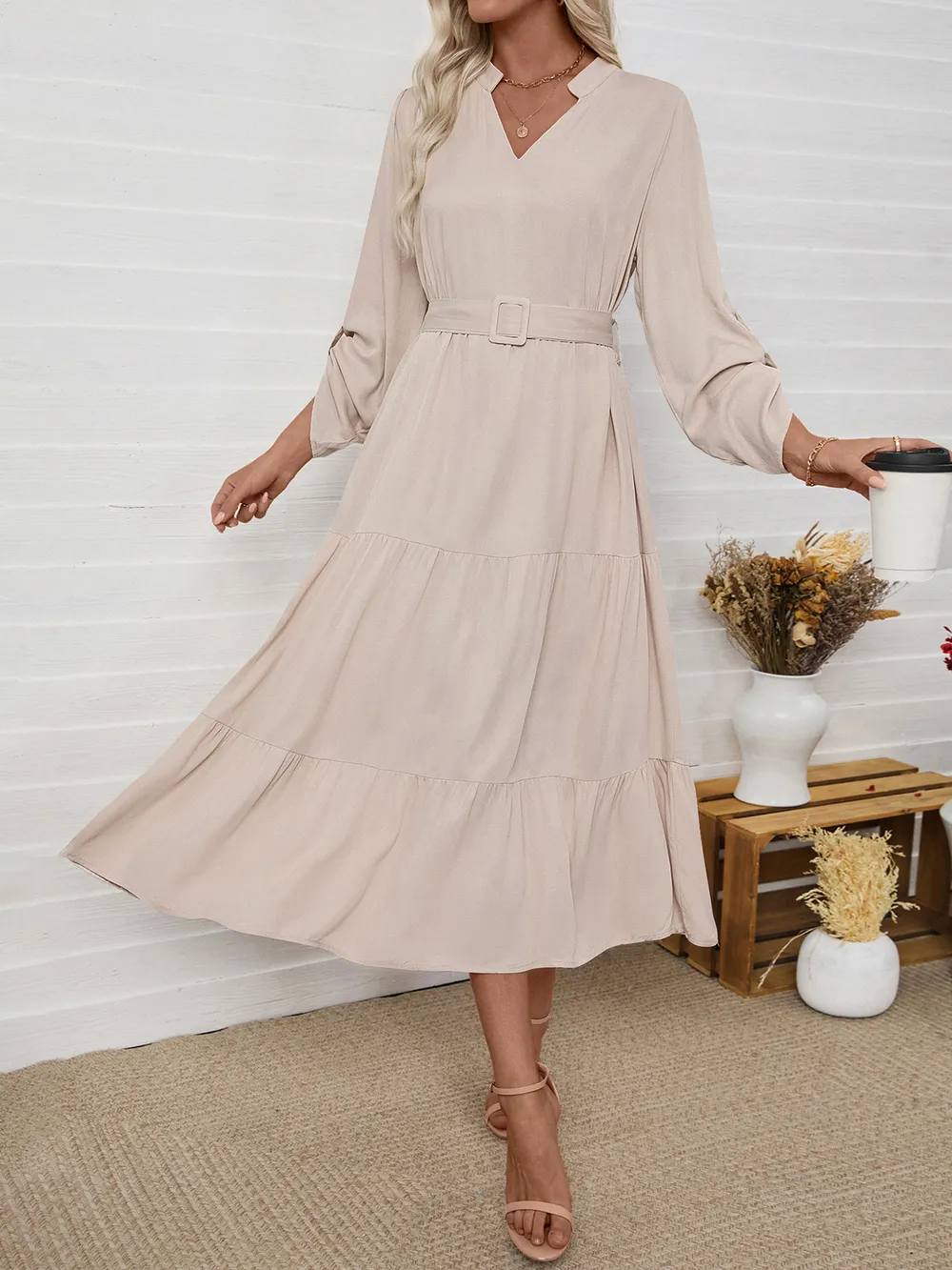 Tiered Notched Belted Midi Dress, image 4