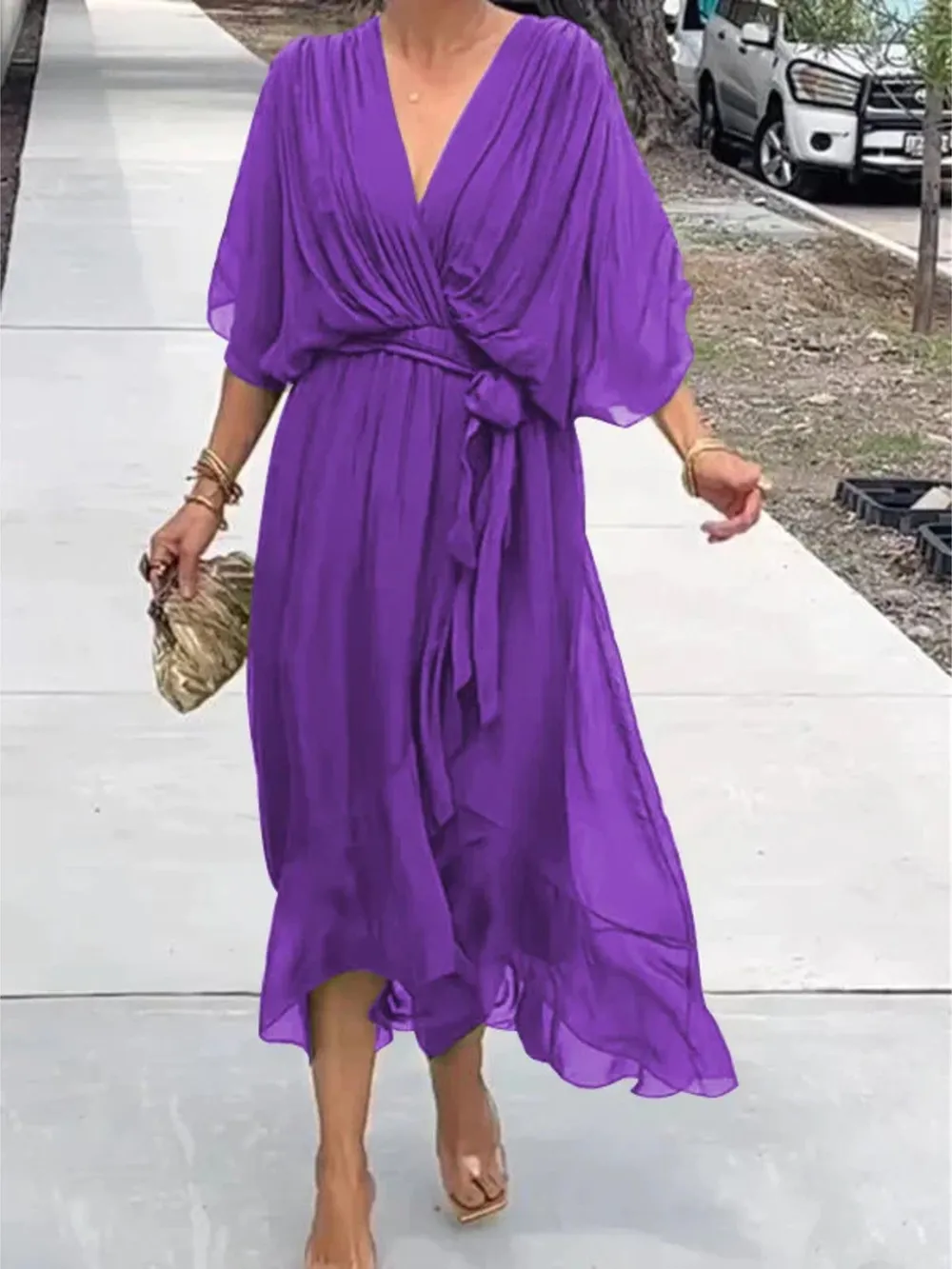 Full Size Flowy Tie Front Midi Dress with Flutter Sleeves Plus Size, image 16