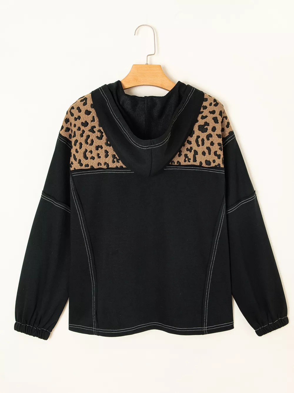 Leopard Patchwork Contrast Stitching Knotted Cuff Quarter Zip Hoodie, image 9