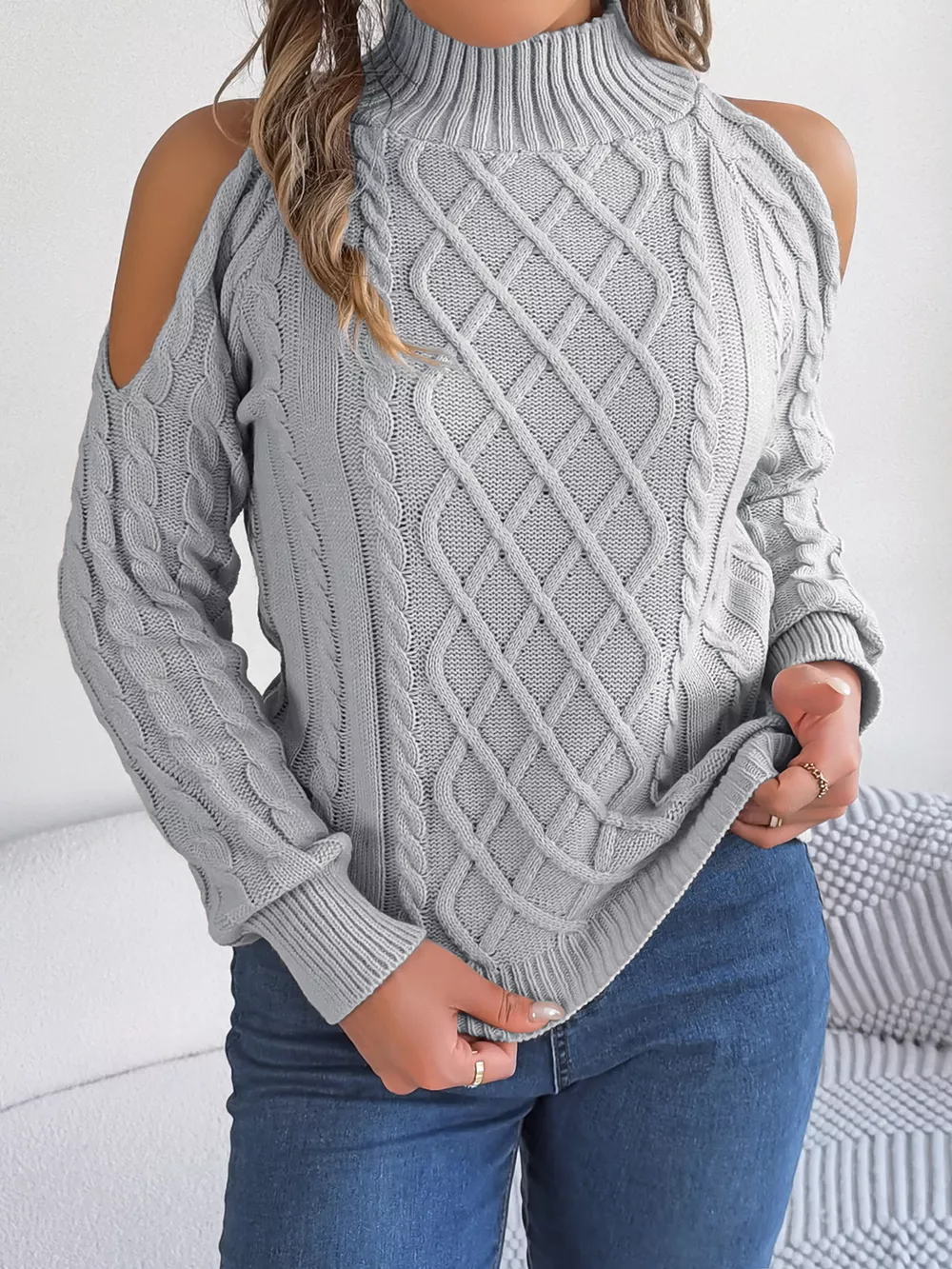 Cold-Shoulder Cable Knit Sweater, image 13