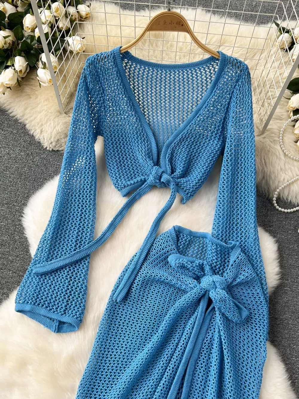 Knitted Crop Top and Slit Skirt Set, image 3