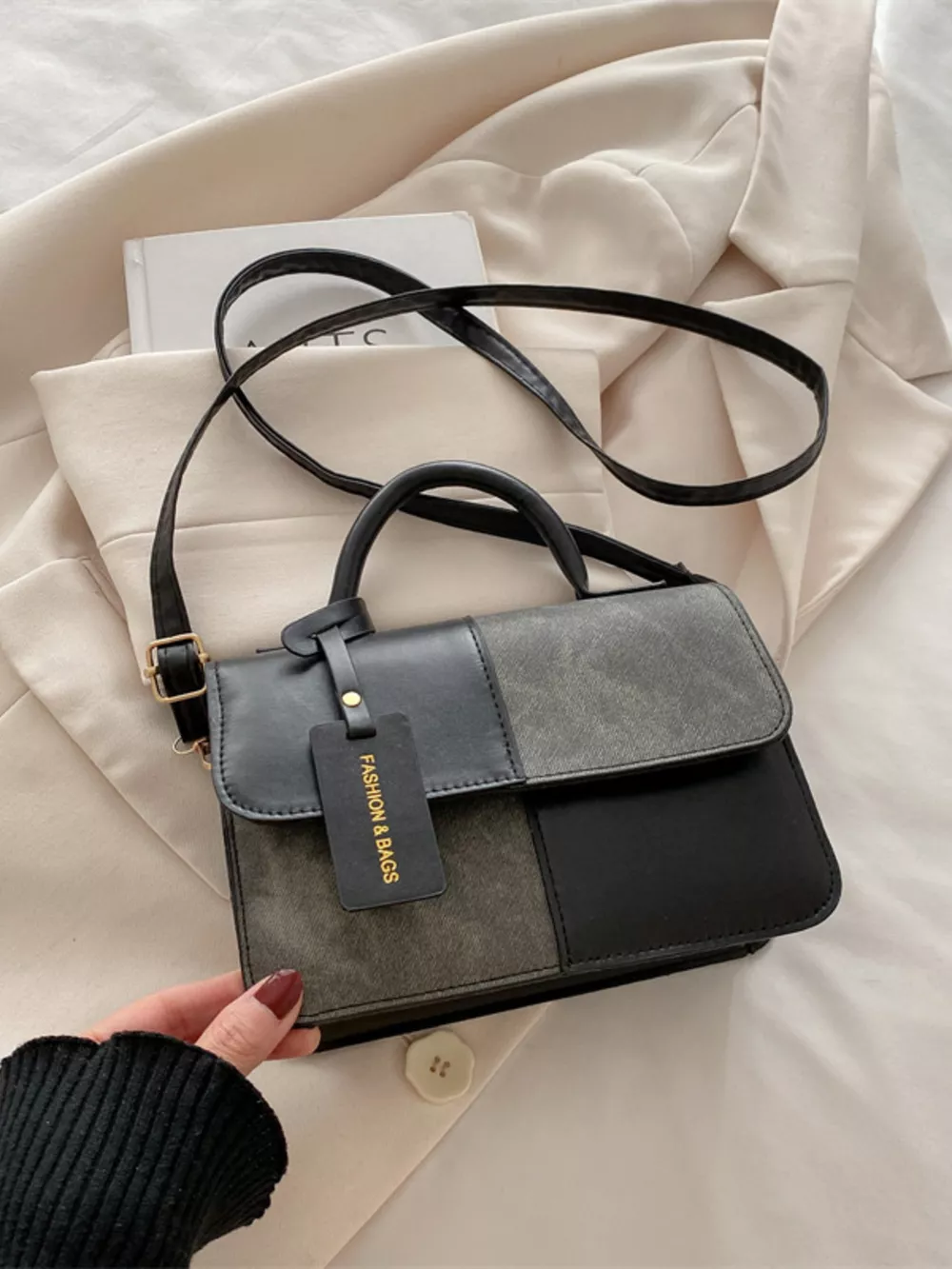 Color Block Flap Crossbody Bag with Top Handle